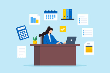 Flat illustration of businesswoman accountant manages invoices in office illustrating finance and accounting tasks