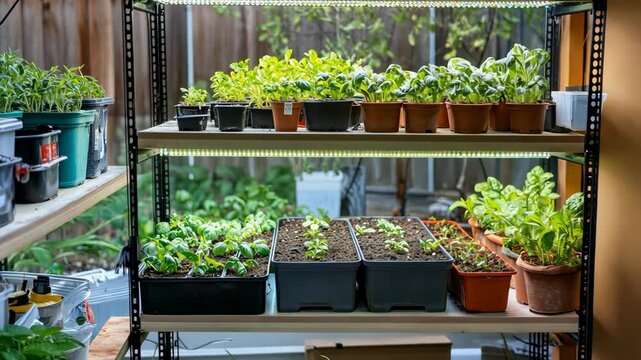 A close-up of a shelf filled with seedlings, growing under grow lights in a backyard greenhouse