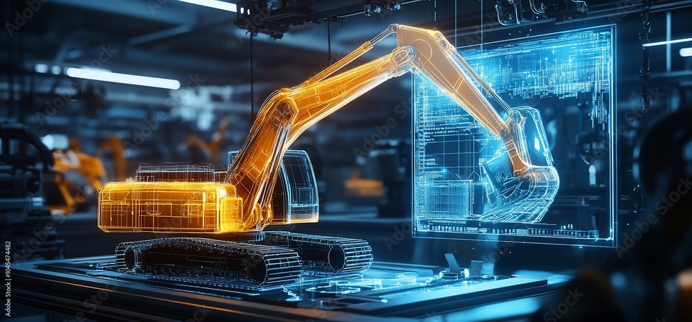 Poster wireframe of an excavator model on a screen.