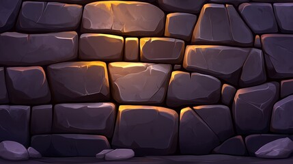 Fototapeta premium A textured stone wall with a warm glow, exhibiting varying sizes and shapes of rocks, creating a rustic and medieval ambiance.