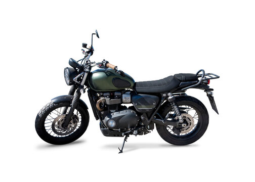 Street scrambler motorcycle side view isolated on white. PNG	