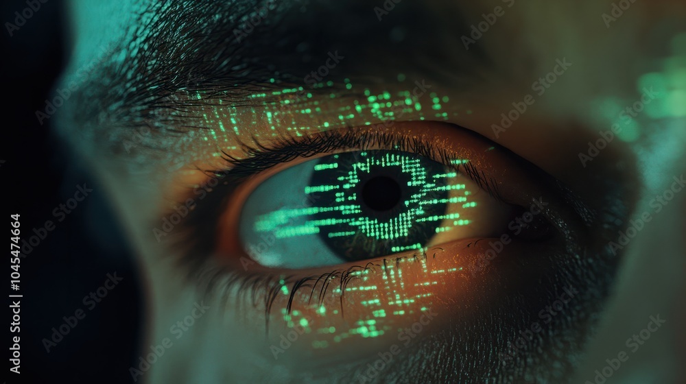 Aufkleber human eye close-up on green tech background, hacker face and digital data pattern. concept of cyber 