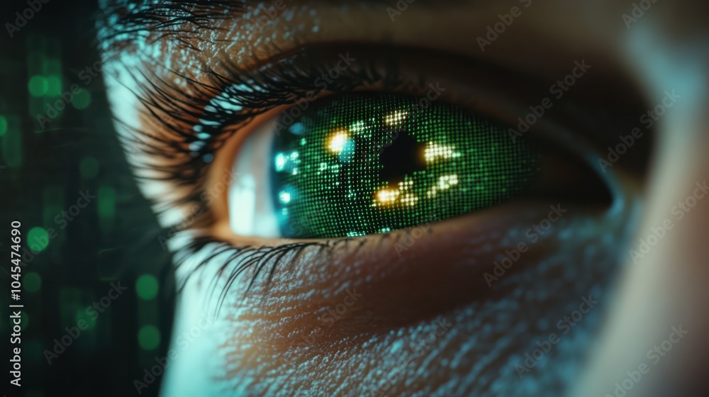 Aufkleber human eye close-up on green tech background, hacker face and digital data pattern. concept of cyber 