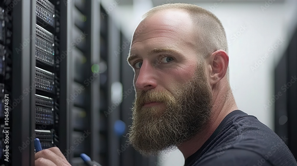 Poster server technician working on network equipment in data center