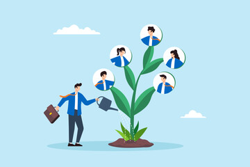 Flat illustration of businessman waters growing tree with employees illustrating HR role in career growth and development