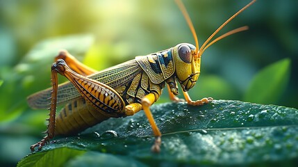 A close-up of a yellow and brown grasshopper perched on a green leaf with dew drops.