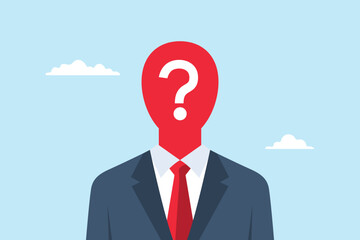 Flat illustration of anonymous businessman with question mark head symbolism of uncertainty about important unknown person