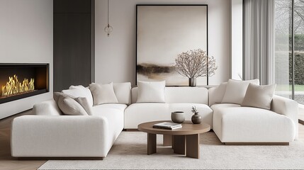 White corner sofa near fireplace. Scandinavian home interior design of modern living room.