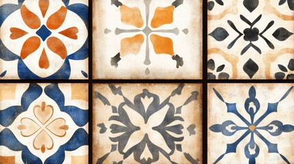 A vibrant arrangement of patterned tiles featuring blue, orange, and cream colors, showcasing intricate floral and geometric designs.