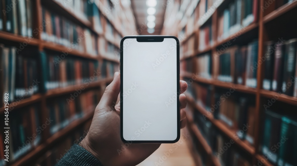 Poster iphone mockup with a white screen held in a hand with a blurred background of a library