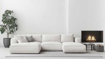White corner sofa near fireplace. Scandinavian home interior design of modern living room.