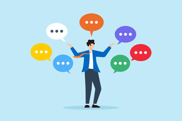 Flat illustration of businessman talks confidently with multiple speech bubbles showcasing verbal communication skills