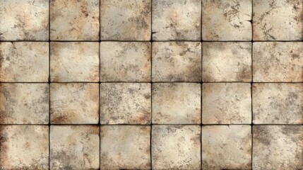 Obraz premium A textured, aged tile surface with a grid pattern, featuring various shades of beige and brown, creating a rustic appearance.