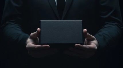 A man in a black business suit holds a black gift box on a dark background. An advertising poster with a place for the text. Sale, Black Friday