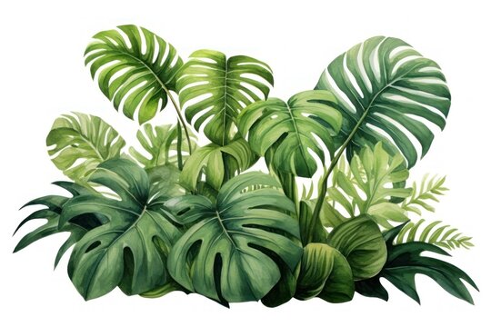 watercolor green monstera leaves on white background clip art preview