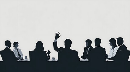 Professionals seated at a conference table with one person raising a hand to explain while others listen attentively