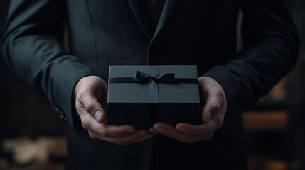 A man in a black business suit holds a black gift box on a dark background. An advertising poster with a place for the text. Sale, Black Friday