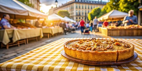 A freshly baked pie with a flaky crust and a generous topping of nuts sits on a checkered tablecloth in the bustling atmosphere of an outdoor market.
