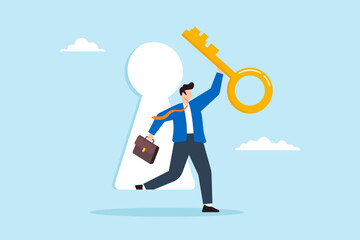 Flat illustration of businessman holding golden secret key and walking through keyhole discovering career opportunity and unlocking success
