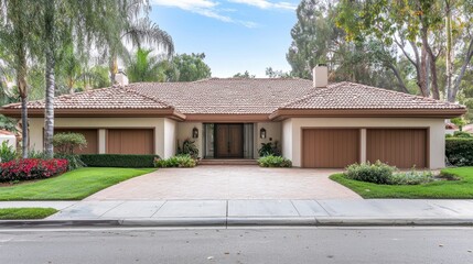 Fototapeta premium Elegant Mediterranean Style Villa with Lush Landscaping and Driveway