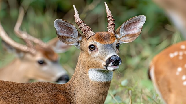 Button Buck Deer Portrait with Antlers in Forest Habitat
