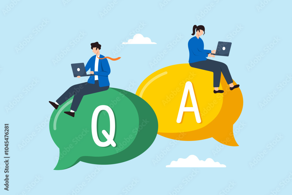 Aufkleber flat illustration of business people work on dialog with question and answer speech bubbles addressi