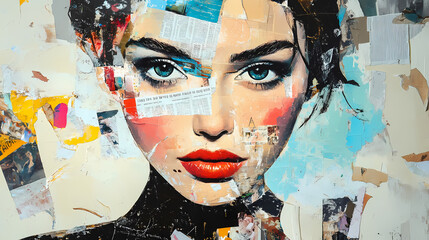 Abstract collage of modern art portrait of a young beautiful woman composed of excerpts from a magazine and newspapers. pop art style. Pop Art Portrait. Illustration