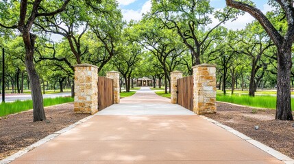 Fototapeta premium Enchanting Archway Leads to Peaceful Park With Lush Oak Tree Canopy