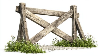 Obraz premium Weathered Wooden Fence in Countryside Landscape with Green Foliage