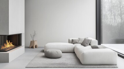 White corner sofa near fireplace. Scandinavian home interior design of modern living room.