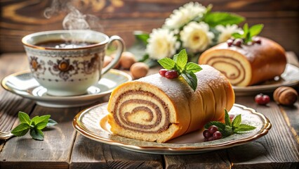 A freshly baked and beautifully decorated Swiss roll, dusted with powdered sugar and garnished with fresh mint, awaits a warm cup of tea on a wooden table.