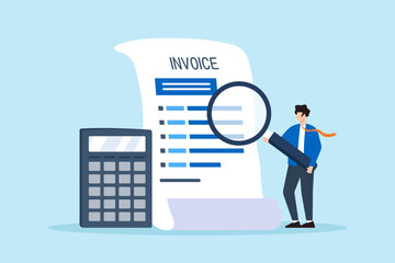 Flat illustration of businessman holds magnifying glass on invoice document managing total amounts and finance calculations