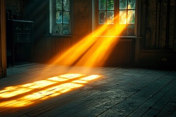 Sunbeams Illuminating a Dusty Wooden Floor in an Abandoned Room