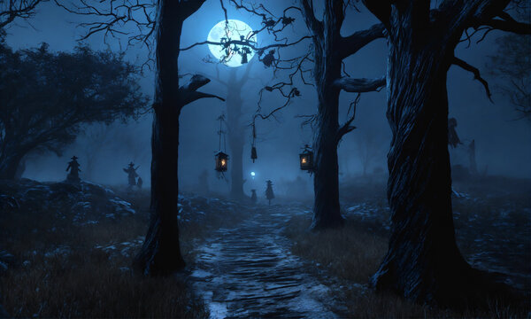 background , horrer view ,  night in jungle , night moon view , 