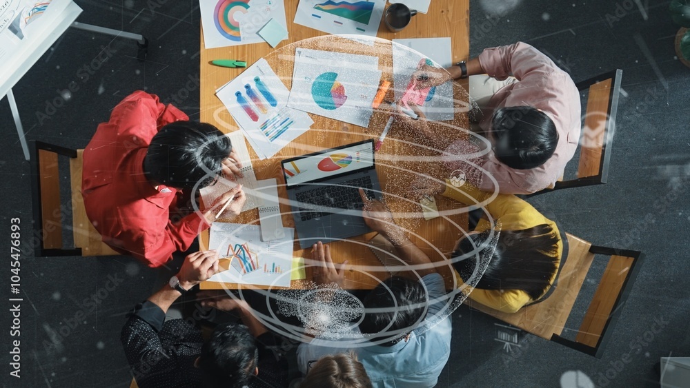 Poster top view of business people working financial graph with global networking. smart manager working to