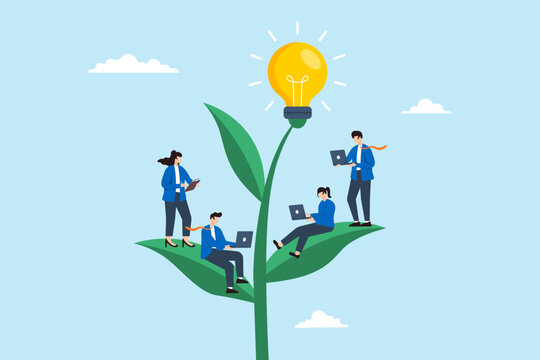 Flat illustration of business people work on growing lightbulb plant representing corporate culture and employee values