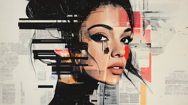 Abstract collage of modern art portrait of a young beautiful woman composed of excerpts from a magazine and newspapers. pop art style. Pop Art Portrait. Illustration