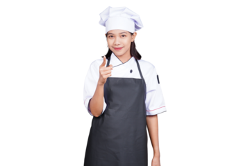 Asian woman chef in uniform pointing isolated transparent