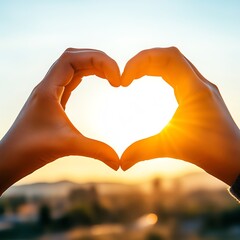 Fototapeta premium A silhouette of two hands forming a heart shape against a glowing sunset, symbolizing love and connection.