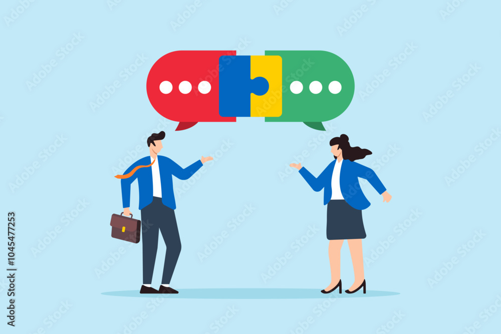Poster flat illustration of two business people communicate with connected jigsaw puzzle speech bubbles sol