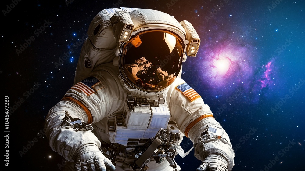 Poster an astronaut in a white spacesuit floats in space against a backdrop of stars and a nebula.