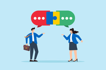 Flat illustration of two business people communicate with connected jigsaw puzzle speech bubbles solving problems through teamwork