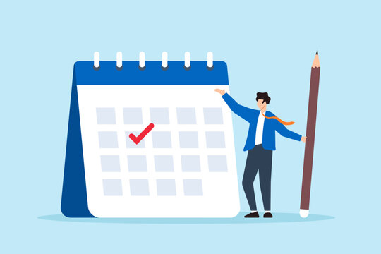 Flat illustration of businessman hold pencil marks important date on calendar reminding for meeting or launch deadline
