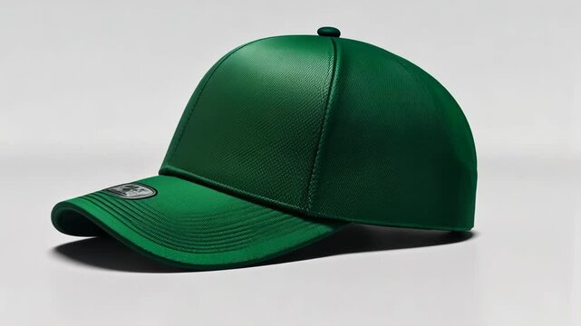 A dark green, structured baseball cap is shown on a white background