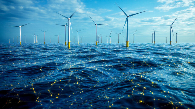 Offshore wind turbine farm generating clean renewable energy with connection network - Powered by Adobe