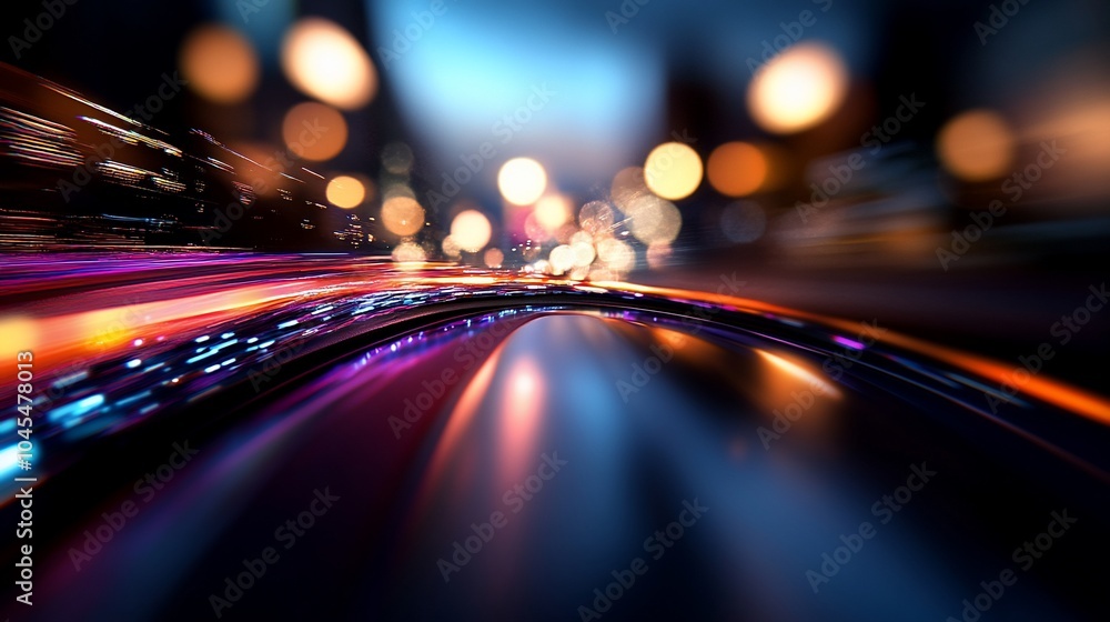 Poster abstract motion blur with colorful lights and a cityscape in the background.