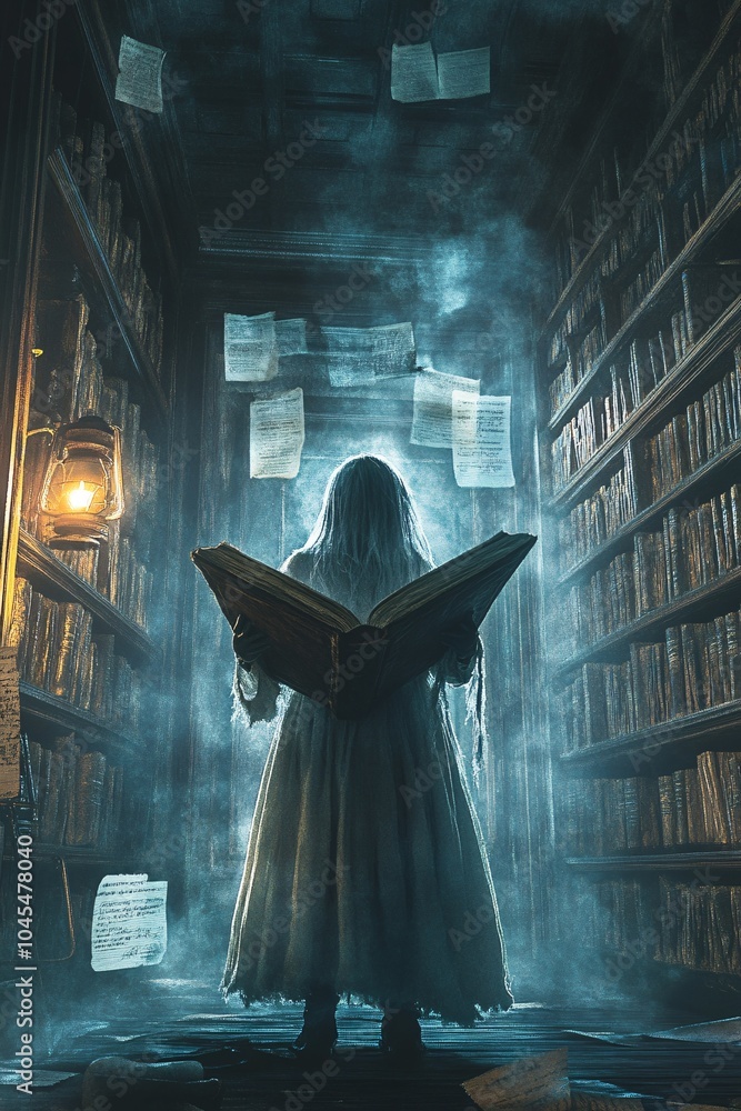 Poster mysterious figure in a dimly lit library holding an open book surrounded by floating pages and a gho