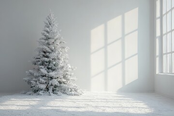 Fototapeta premium Minimalistic Christmas Tree Against White Background in White Room with Christmas and New Year Decor.