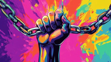 A raised hand breaking chains symbolizes triumph over addiction for Anti-Drug Day