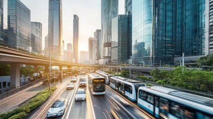 Busy city street with traffic, skyscrapers, and a sunset in the background.
